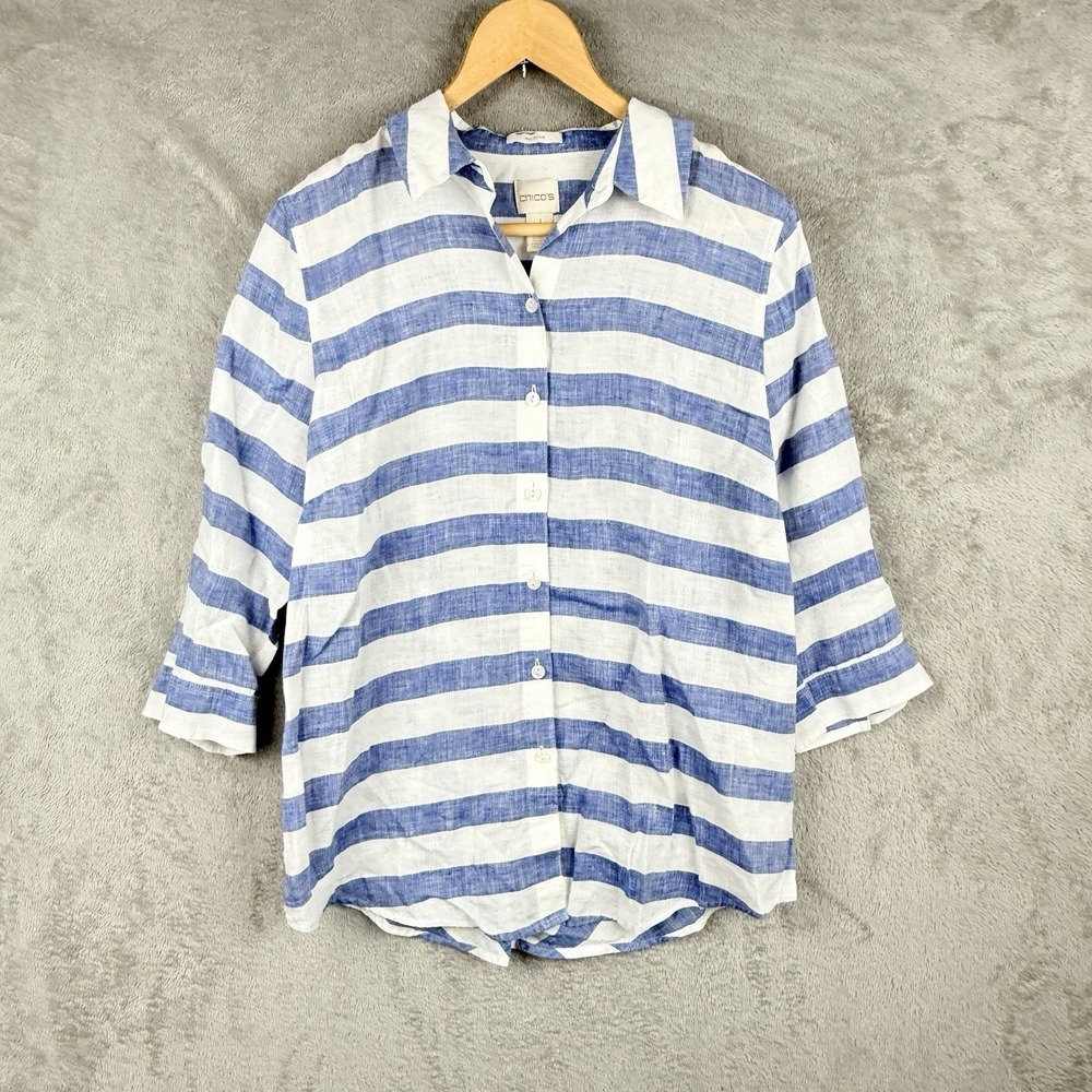 Chico's Top Womens 1 S Petite Button Up Blue White Stripe Linen 3/4 Sleeve Beach